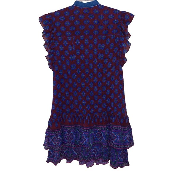 ANNA SUI FW09 Medallion Print Ruffle Tier Silk Blend Mini Dress Velvet Trim 6 - Picture 5 of 7
